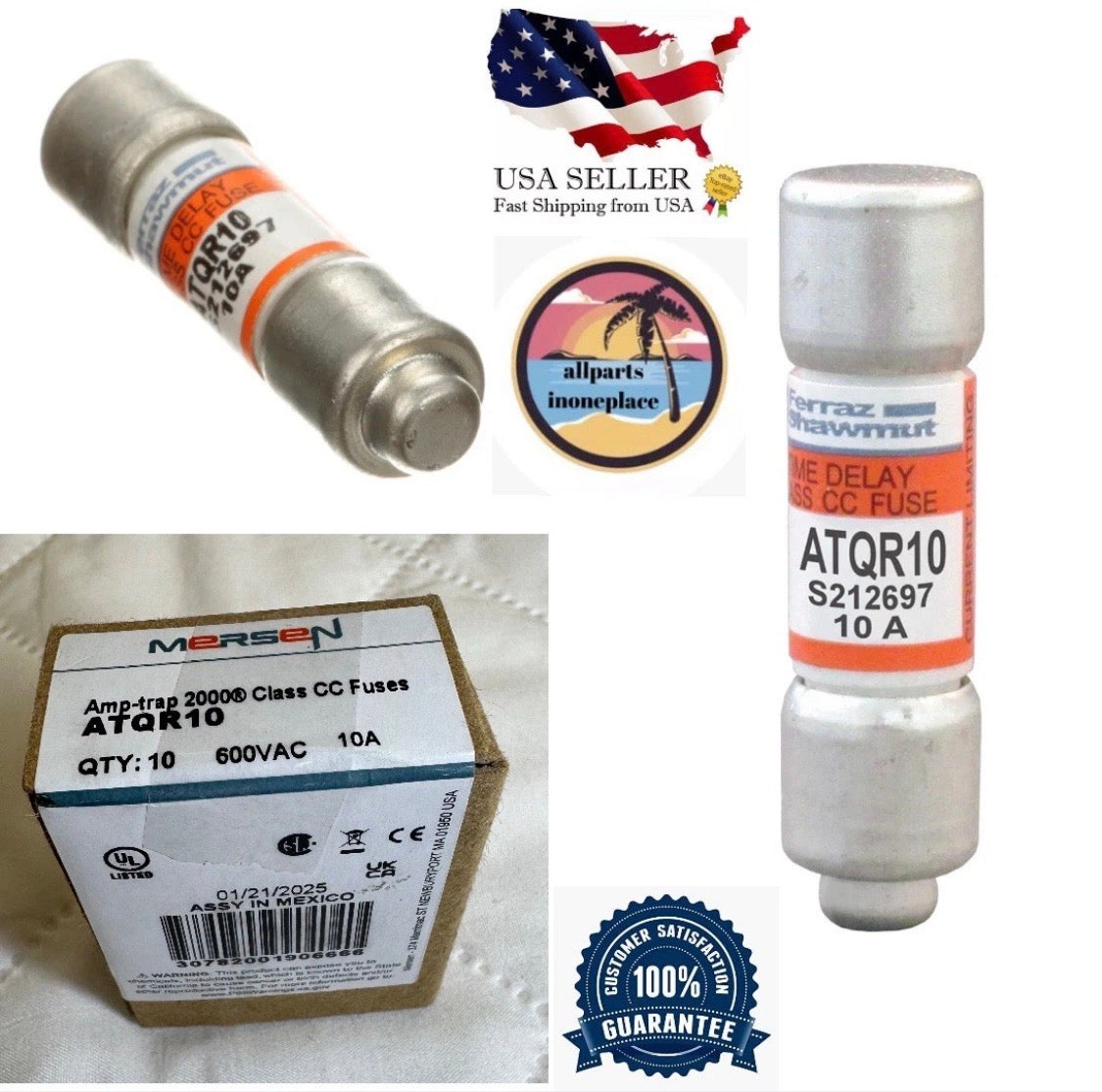 10PCS FERRAZ ATQR10 10A 600V Time-Delay Fuse ATQR-10 USA Fast Delivery