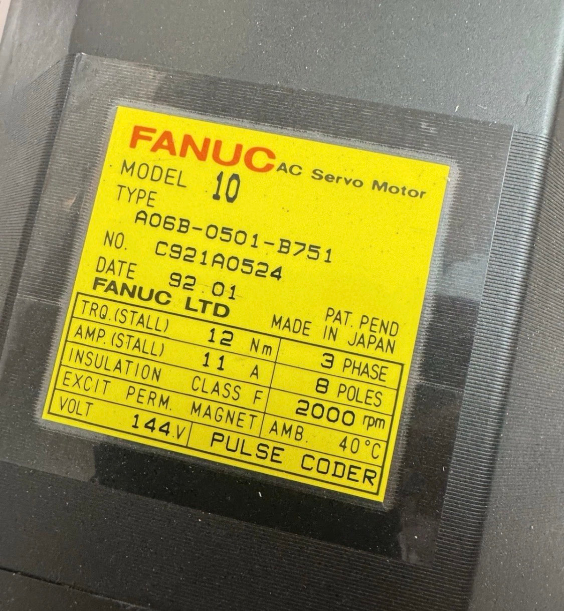Fanuc Ac Servo Motor A06B-0501-B751 Pulse Coder 144V 2000Rpm