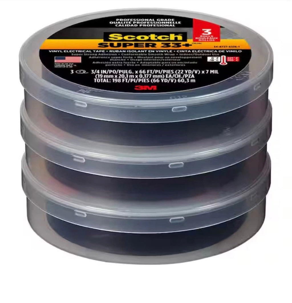 Electrical Tape Vinyl Black 3 Pack 66ft Scotch Super 33 Plus Indoor Outdoor Use