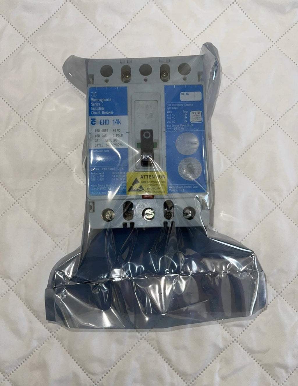 Westinghouse EHD3100 100 Amp 3 Pole 480 SNT1RP08K 120 Shunt Trip Circuit Breaker