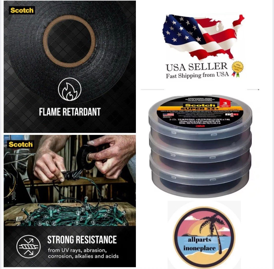 Electrical Tape Vinyl Black 3 Pack 66ft Scotch Super 33 Plus Indoor Outdoor Use